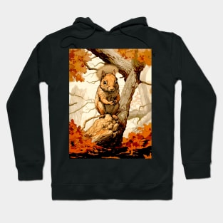 Fall Squirrel: Nature's Busy Architects on a Dark Background Hoodie